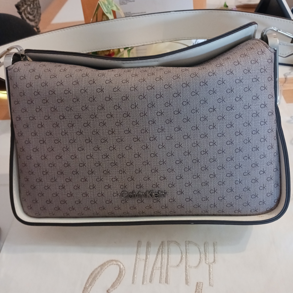 Calvin Klein Taupe Monogram Shoulder Bag with White Trim